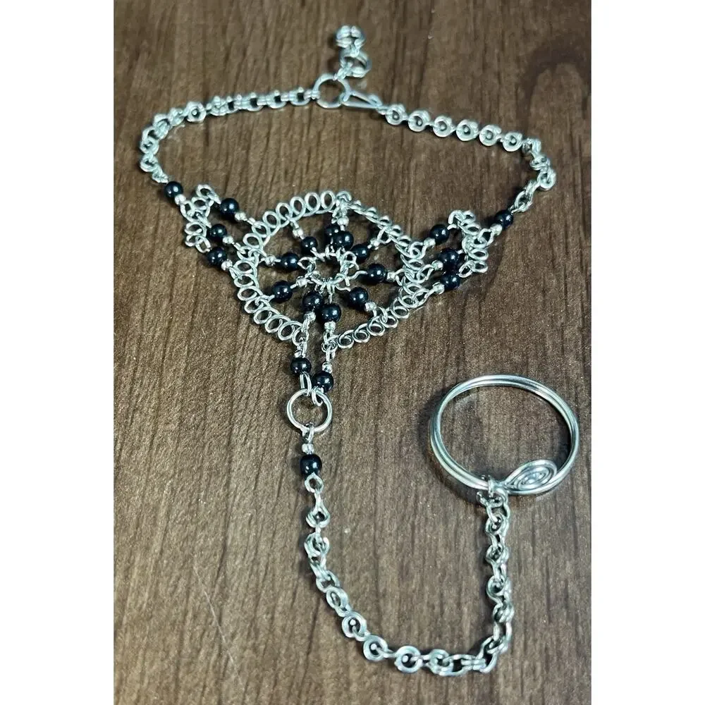 Black Beads and Alpaca Silver Slave Bracelet From Perú